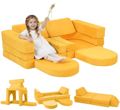 MeMoreCool Fancy Spielsofa für Kinder Cord– 10-teilige modulare Kindercouch Kindersofa Cord für das Spielzimmer, umwandelbare Kleinkindersitzgruppe, Schaumstoff Bausteine für Kinderzimmer, Gelb