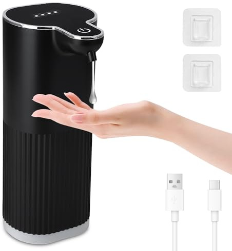Cuteefun Dispenser Sapone Bagno Automatico, 350ml Dosatore Sapone Liquido Ricaricabile, 4 Livelli Regolabili, Impermeabile IPX5, Sensore a Infrarossi Senza Contatto per Bagno, Cucina, Nero a Coste