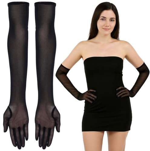 BOHUIZ Guanti lunghi velati neri, in rete, lunghezza al gomito, accessori per tea party, accessori per feste in stile anni '20, guanti da ballo da donna, per matrimoni, feste di Halloween, 52,8 cm
