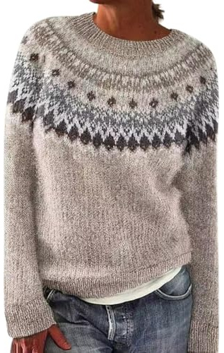 Womens Jumpers Crew Neck Knit Sweater Fair Isle Long Sleeve Jumper Colorblock Striped Knitwear Ladies Retro Christmas Sweaters Soft Pullover Tops Trendy Tunic Fall Winter Jumpers Shirts Plus Size