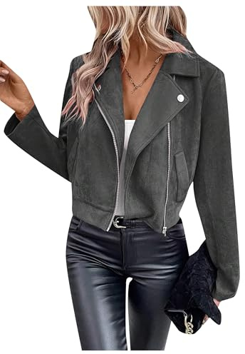 ZICUE Femmes Bouton Daim Veste En Cuir Zipper Up Casual Moto Biker Veste Manteaux Gris Foncé M