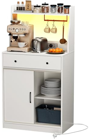 Ztexkee Aparador Cocina Mueble Auxiliar de Cocina Armario Buffet con Enchufe y LED, Mueble Microondas Cocina para Sala de Comedor Salón(Blanco, 70 x 40 x 134 cm)