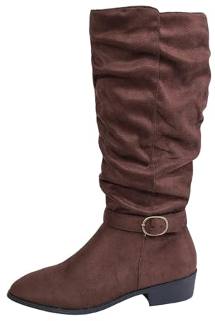 Bottes tendance en daim avec sangle à boucle moyenne au mollet, bottines confortables à talon bas pour une tenue d'hiver décontractée, marron, 37 EU