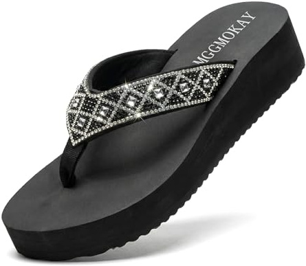 MGGMOKAY Chanclas Mujer Tacón Cuña con Piedras Brillantes, Sandalias Plataforma Antideslizantes Zapatos Verano para Playa Ocio