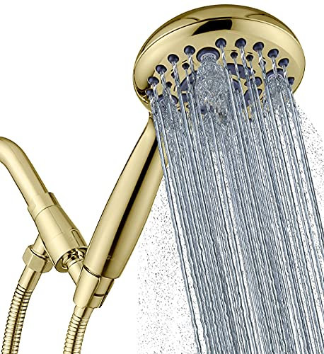 G-Promise Handheld Shower Head High Pressure 6 Spray Settings, Detachable Hand Held Showerhead 4.9 Face with Extra Long Flexible Hose and Metal Adjustable Bracket ，Polished Brass