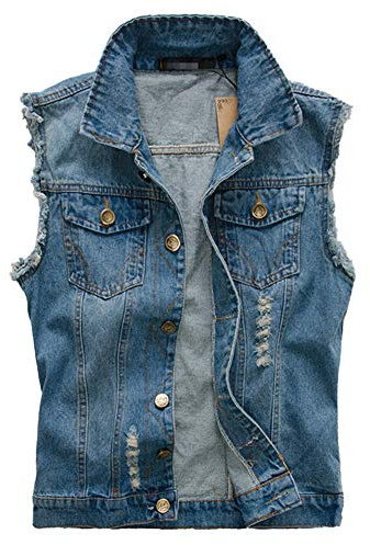 Hommes Rétro Veste Denim, sans Manches, Gilets Déchiré, Jeans Veste, Casual Outwear Bleu L