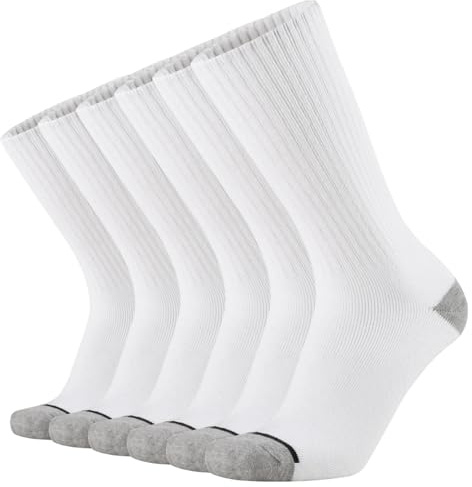 KMM Men's Cotton Full Thick Cushion Crew Socks Moisture Control Heavy Duty Work Boot Warm Thermal Anti Wicking Sweat Blisters 6P(White L)