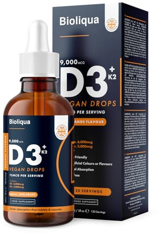 Vitamin D3 + K2 Liquid Drops - Vegan - High Strength 2000iu D3 + 25mcg K2-2 Month Supply - 120 Servings - 9,000mcg per 60ml Bottle - Sublingual Fast Absorption - Made in UK by Balance (1x Pack)