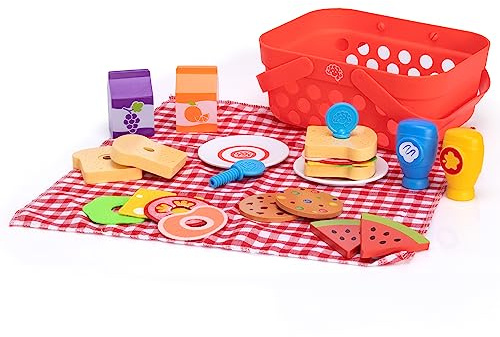 Fat Brain Toys Pretendables Picnic Basket Set - Kids Toy Picnic Basket and Blanket with Wooden Play Food and Accessories - Educational Play Kitchen Kids Toys - Durable Toy Food Set for +3 Year Olds