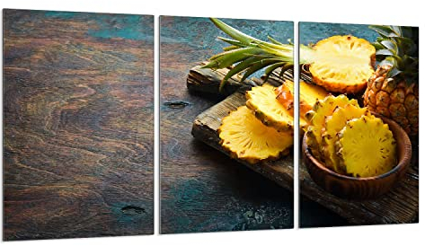 Herdabdeckplatten 3 Teilig 90x52 cm Ceranfeldabdeckung Küche Elektroherd Induktion Herdschutz Spritzschutz Glasplatte Schneidebrett, Ananas Holz