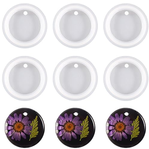 Nifocc Lot de 6 Moules Ronds en Résine Époxy - Silicone et Cristal - Pour Porte-clés et Bricolage - Avec Trous