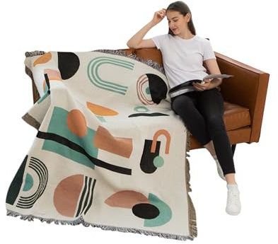 Ergocar Boho gosig filt, fluffig filt med tofsar, tunt och bekvämt jacquardöverkast, mjuk och varm resefilt, soffilt för sovrum, vardagsrum, kontor