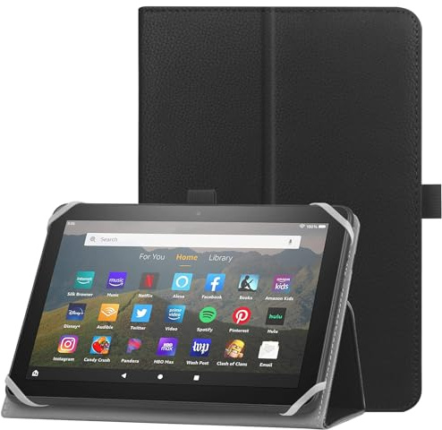 HoYiXi Universelle Hülle für 7-8 Zoll Tablette Fire HD 8 /Fire HD 8 Plus mit Ständer Folio und Handschlaufe Schutzhülle für 7-8 Samsung Lenovo Android Tablette -Black