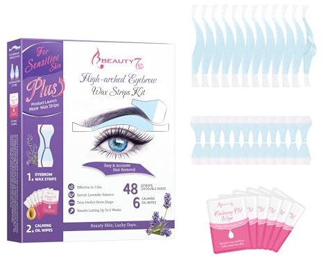 Bandas de Cera Fría Depilatoria Facial de Cejas de Arco Alto para Pieles Sensibles, 48 Tiras de Cera con 6 Toallitas Calmantes Beauty7