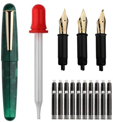 SIPLIV Majohn Q2 Mini Resin Fountain Pen Pocket-Size Travel Pen Iridium Fine Nib Fountain Pen with 3 Pen Nibs, Short Size Eyedropper and 20 Black Ink Cartridges - Green