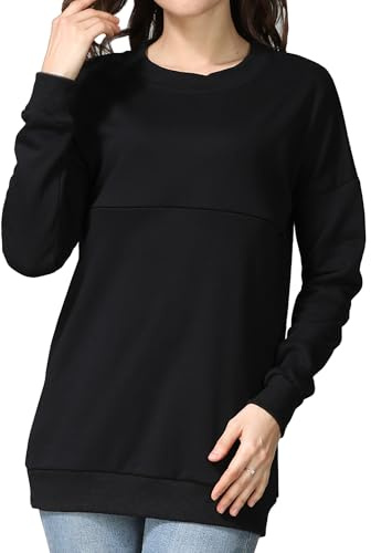 FEOYA Maglione premaman da donna, in cotone, per allattamento, a maniche lunghe, per allattamento, con chiusura lampo, Nero , S