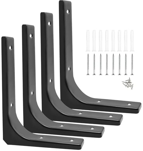 Xpieoyrm 4 Piezas 200 x 150 mm Escuadras para Estanterias Negra, 8 pulgadas Soporte Estanteria Pared de Metal, Resistente Estantes Soporte de 90 Grados con Tornillos, para Cocina Libros Estante