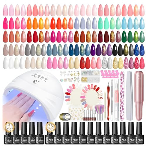 PEACECOLOR 65Pcs Kit Uñas Semipermanentes 35 Colores Rojo Blanco Morado Gris y Desnudo Esmaltes Semipermanentes con Lámpara y Lijadora de Uñas, Base y Top Coat de Manicura Accesorios Nail Art Kit