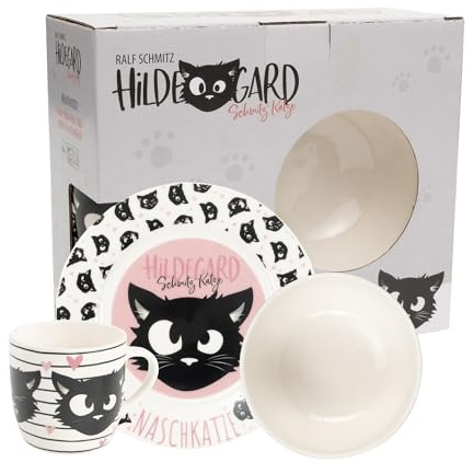 United Labels Ralf Schmitz 3-deligt diskset, vitt, Hildegard Katt Frukostset i porslin med tallrik Ø 19 cm, kopp 220 ml och skål 330 ml, diskset