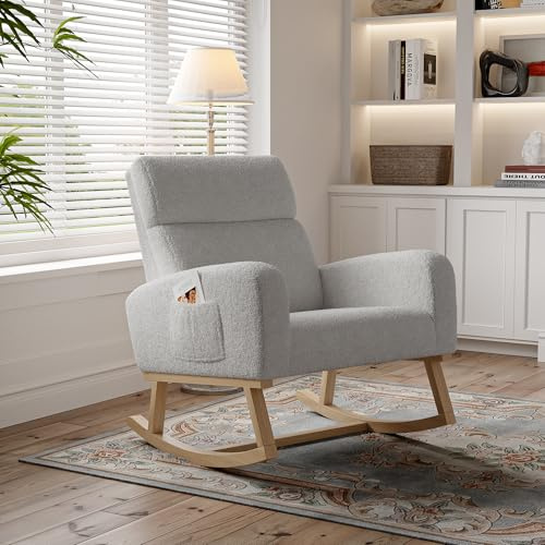 LIVLUX Fauteuil à Bascule, Rocking Chair avec Accoudoirs, Fauteuil Allaitement, Chaise de Relaxation Moderne,Pieds en Bois Massif, pour Salon Chambre à Coucher Balcon Jardin (Gris, 69 x 78 x 87 cm)