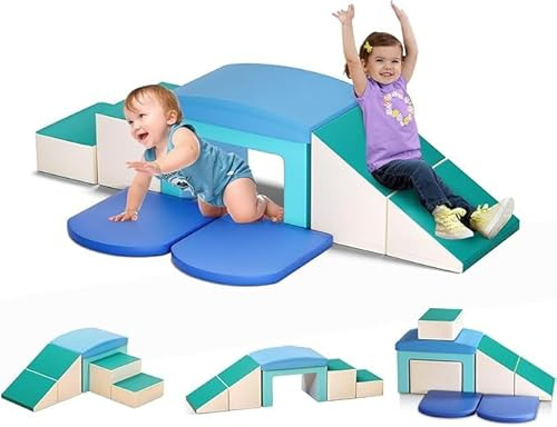 6Pcs Soft Play Set, Foam Climb Blocks PU Scratch-Resistant Easy Clean Hidden Zippe Crawling & Climbing Boosts Sensory Motor Skills for 2-10 Indoor/Outdoor/Playground