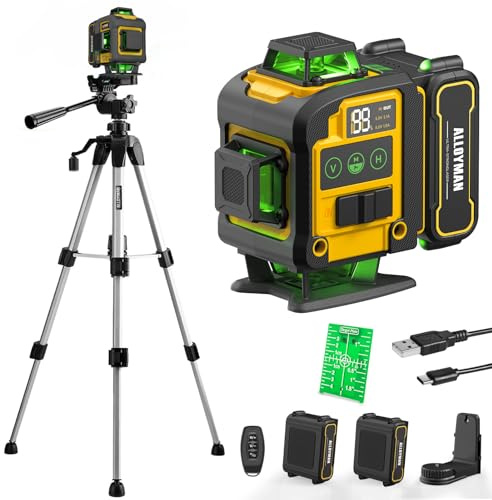 Alloyman Laser Level with Tripod, 4x360° Self Leveling Laser Level, Green Line Lazer 4D Lazer Leveler Tool with 2Pcs Lithium Batteries for Picture Hanging, Tile, Home Renovation, Indoor