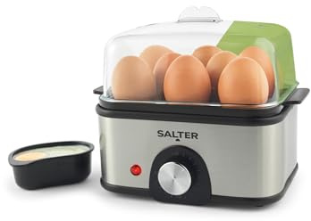 Cuociuova Elettrico Salter Multi - Bollitore per 8 Uova, Uova Sode, Morbide e in Camicia, Include Bicchiere Dosatore, Griglia Rimovibile per Uova e 2 Vassoi per la Cottura in Camicia, 500W, Argento