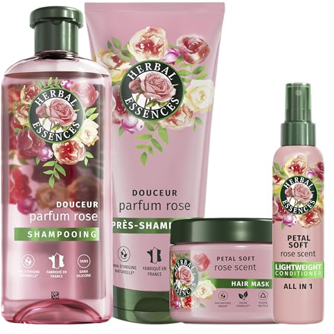 Herbal Essences Routine Douceur Parfum Rose Avec Shampoing 250ml, Après-Shampoing 200ml, Masque 500ml Et Spray Léger Tout-En-Un 145ml. Aide à Rendre les Cheveux Secs Soyeux. Essence de Rose