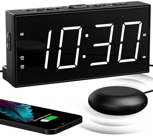 Mesqool Högljudd vibrationsväckarklocka med sängskakare för döva eller personer med tung sömn, dubbellarm, USB-laddare, stor display, snooze-funktion, lätt att justera, sommartid 12/24H, dimmer