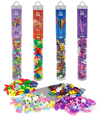 Plus-Plus 7265 Geniales Konstruktionsspielzeug, Farben-Mix, Bundle aus 4 verschiedenen Kreativ-Bausteine Tubes inkl. Bauplatte, 400 Teile, Mischfarben