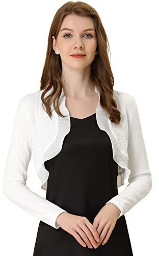 Allegra K Women's Elegant Crop Shrugs for Evening Dress Long Sleeve Textured Open Front Ruffle Bolero Shrug X-Small White