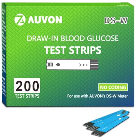 AUVON DS-W Draw-in Blood Glucose Test Strips for use with AUVON DS-W Diabetes Sugar Testing Meter (No Coding Required, 200 Count)