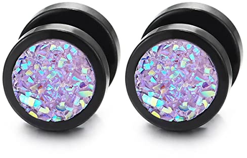 Stainless Steel Black Druzy Stud Earrings, Iridescent Purple Inlay Faux Plug Jewelry, Punk Gothic Round Piercing, Modern Minimalist Accessory, Gift for Teens