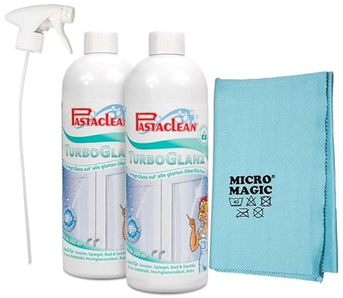 Pastaclean® Turboglanz Glasreiniger, Glasveredelung und Oberflächenschutz mit Apperleffekt, Streifenfreie Reinigung, 2x 750 ml + 1x Poliertuch