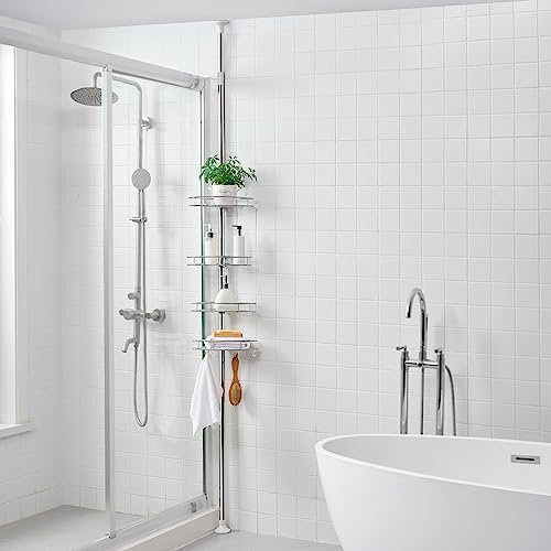 [neu.haus] Teleskopregal Haapavesi Eckregal stehend Badezimmer höhenverstellbar Teleskop Duschregal mit 4 Körben ohne Bohren Chromfarben Metall