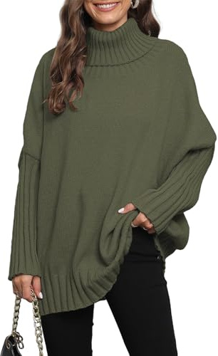 QUNERY Jersey Mujer Cuello Alto Punto Sueter Mujer Otoño Invierno Manga Larga Holgados SweaterEjercito Verde
