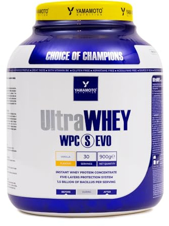 Yamamoto Nutrition Ultra Whey WPC S EVO 900 g, Suplemento de Proteína de Suero Concentrada y Esporas de Bacilo, Aumento de la Masa Muscular, Sabor Vainilla