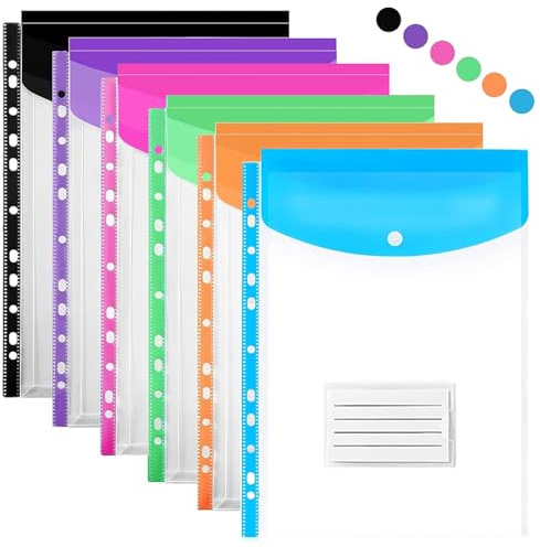 Punched Pockets A4 Plastic Wallets, 11 Holes Expandable Large Capacity Binder Pocket with Snap Button and Label Pocket, Plastic Envelope File Folders for School Home Office (Vertical-6 Packs)