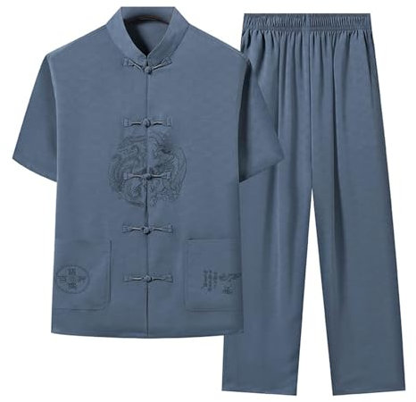 PTATT Männer Tang Anzug Flügel Chun Kung Fu Kleidung chinesische traditionelle Kleidung Stickerei Kung Fu Hemd Kurzarm Mantel und Hosen blue-L