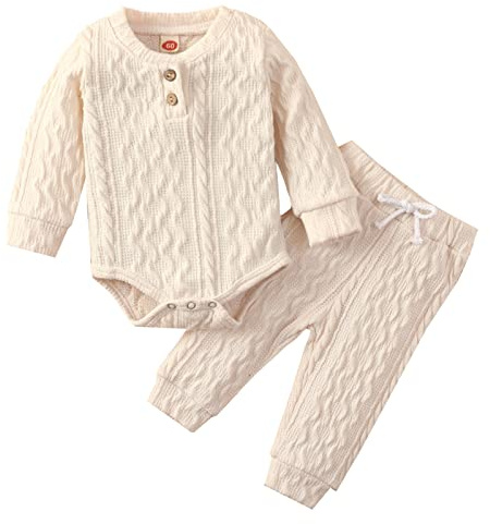 Huttam Ensemble Vetement Bebe garçon Naissance 0 24 Mois Automne Hiver Body Bebe Fille Manche Longue Combinaison uni Doux et Pantalon Tenue Bebe Garcon Printemps Decontracte Mode (Beige, 12-18 Mois)