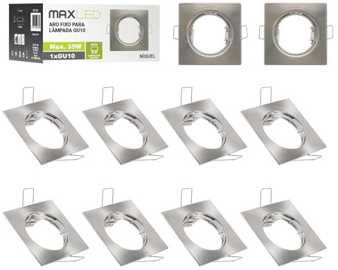 Maxled, Light is Led! 10x Marco Foco Empotrable GU10 para Bombilla LED/Halógeno Cuadrado Níquel Focos Downlight Lámpara Marcos Empotrado Ojos de Buey de Techo para Baño Sala Cocina Orificio 65mmx65mm