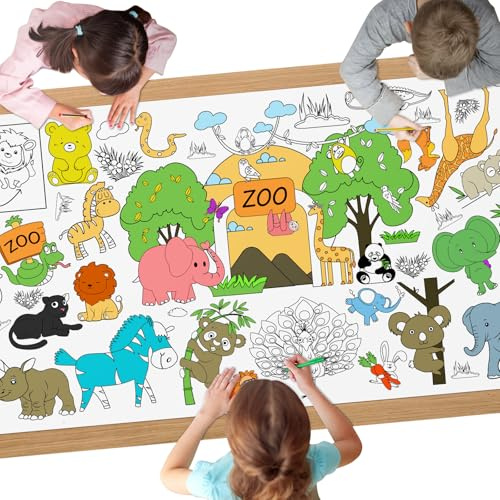 AYESY Tovaglia da colorare Zoo, 183 x 71 cm, tovaglia per feste fai da te per bambini, poster da colorare gigante per bambini, ragazzi e ragazze, regalo di compleanno fai da te con scarabocchi