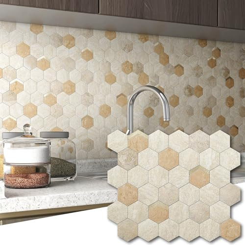 VAOVI Mosaikfliesen Sechseck Aufkleber Fliese Matt,Wandfliesen Küche Selbstklebend Fliesenaufkleber 3d Steinoptik Badezimmer Wasserdichte(10 Stücke,Beige Braun)