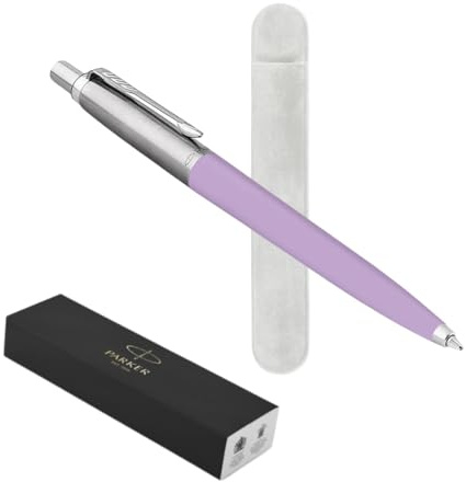 Parker Jotter Kugelschreiber, fliederfarbener Schaft, Metallkörper, blaue Tinte, samtgrauer Beutel und klassische Geschenkbox, Retro-Stil, Stift zum Schreiben und Verschenken