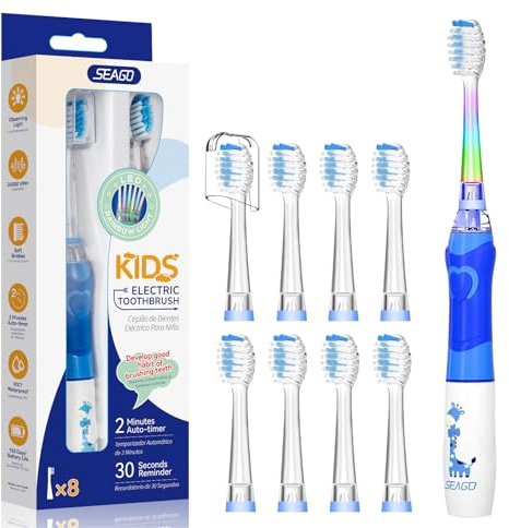Seago Spazzolino elettrico per bambini dai 3 ai 12 anni di età, spazzolino elettrico con luce colorata, Smart Timer 8 testine morbide, impermeabile, spazzolino sonico per bambini, SG977 (blu-8)