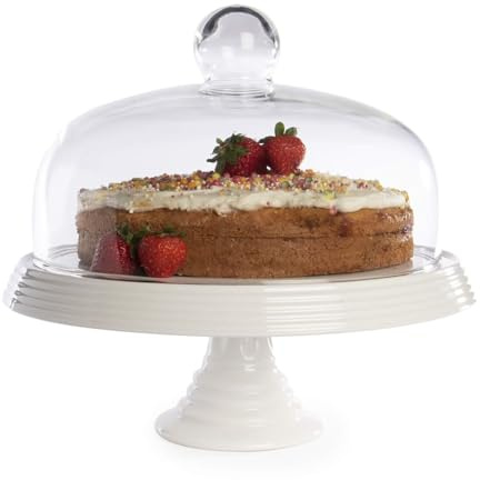 White Ceramic Cake Stand with Glass Dome Lid, Cake Board and Glass Cloche | Elegant Covered Server for Pastries and Bakes - Ideal for Afternoon Tea, Weddings, Parties and Christmas Tables