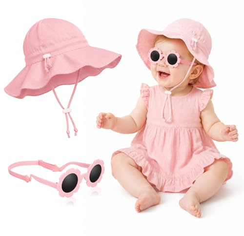 BTHRORO Bébé Chapeau de Soleil Fille Lunettes de Soleil, Chapeau de Plage Pliable avec Protection UV Polarisée Élastique Réglable Lunettes de Soleils pour Enfants 0-6 Mois