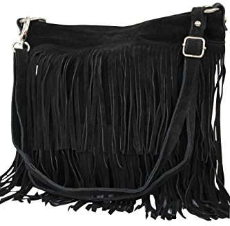 AMBRA Moda Damen Handtasche Ledertasche Umhängetasche Fransentasche Schultertasche Damentasche Wildleder 32 cm x 29 cm x 2 cm WL809 (Schwarz)