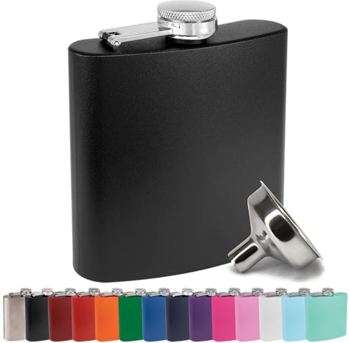 6 oz Stainless Steel Hip Flask w/Flask Funnel for Men & Women - Powder Coated Hip Flask Gift Sets, Groomsmen, Bridesmaids, Wedding Party Whiskey Flask for Liquor, Clear Water Home Goods, Matte Black