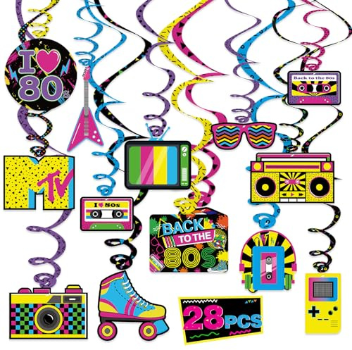 28Pcs Back to the 80s Party Hanging Swirls Decorations 80s Retro Ceiling Streamers for 1980s Throwback Birthday Party 80s Neon Party Supplies